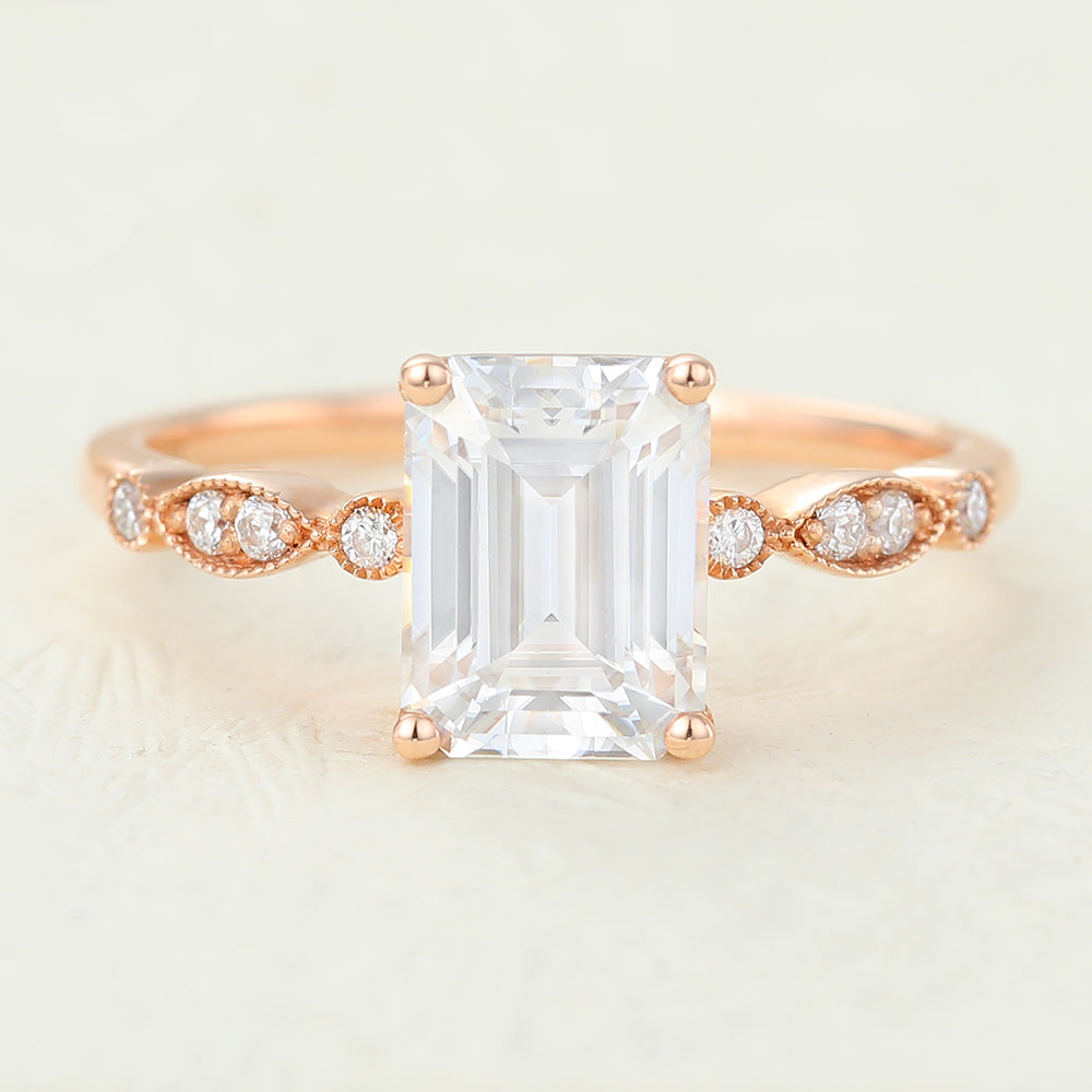 1.6 CT Emerald Milgrain Pave Moissanite Engagement Ring