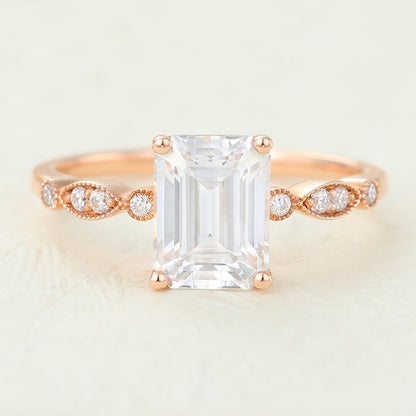 1.6 CT Emerald Milgrain Pave Moissanite Engagement Ring