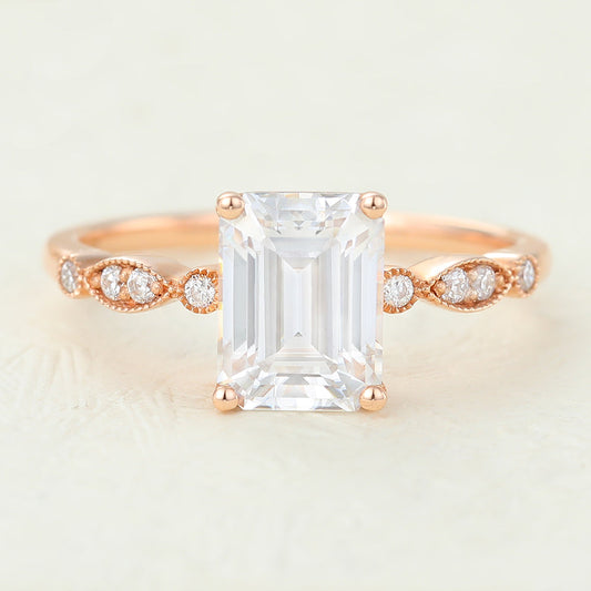 1.6 CT Emerald Milgrain Pave Moissanite Engagement Ring
