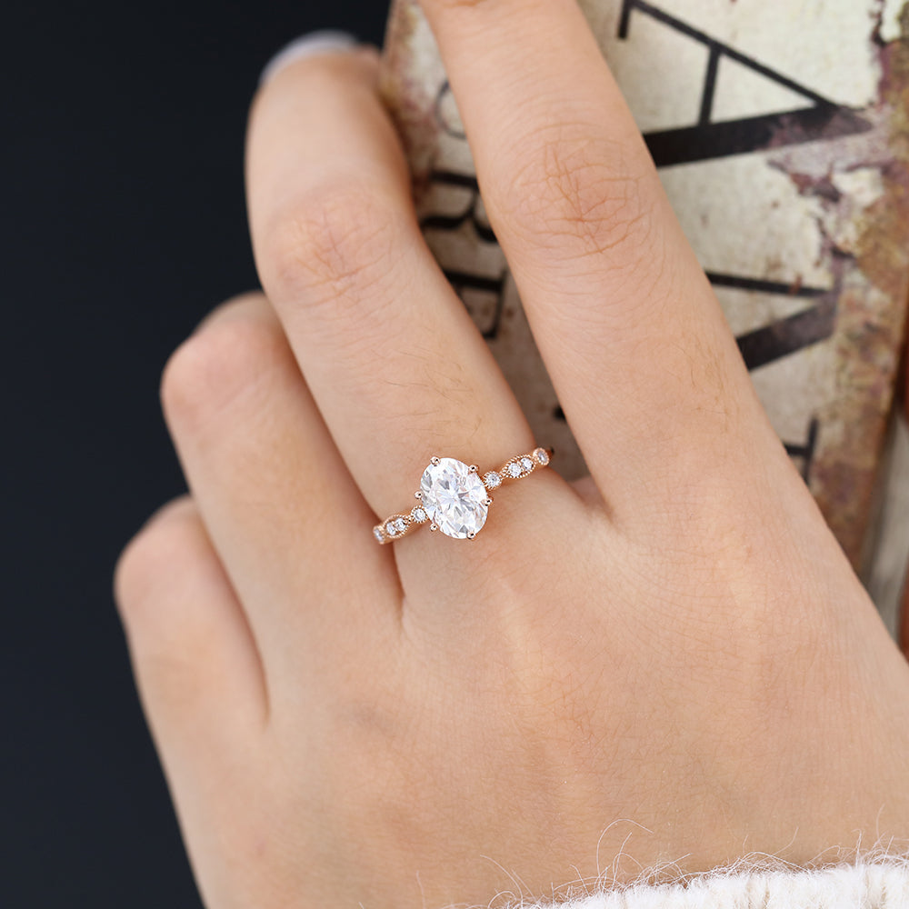 1.33 CT Oval Milgrain Pave Moissanite Engagement Ring