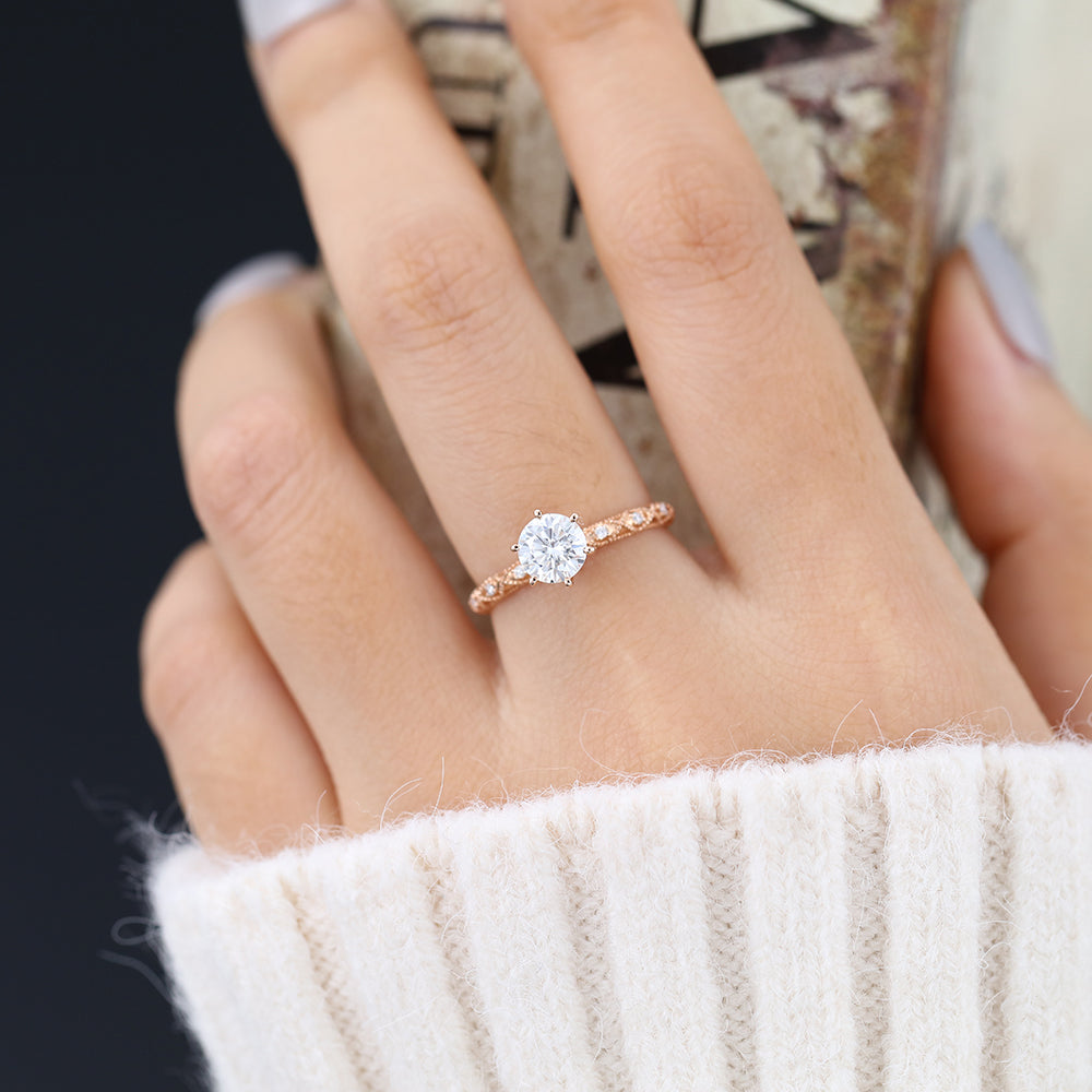 0.68 CT Round Milgrain Pave Moissanite Engagement Ring