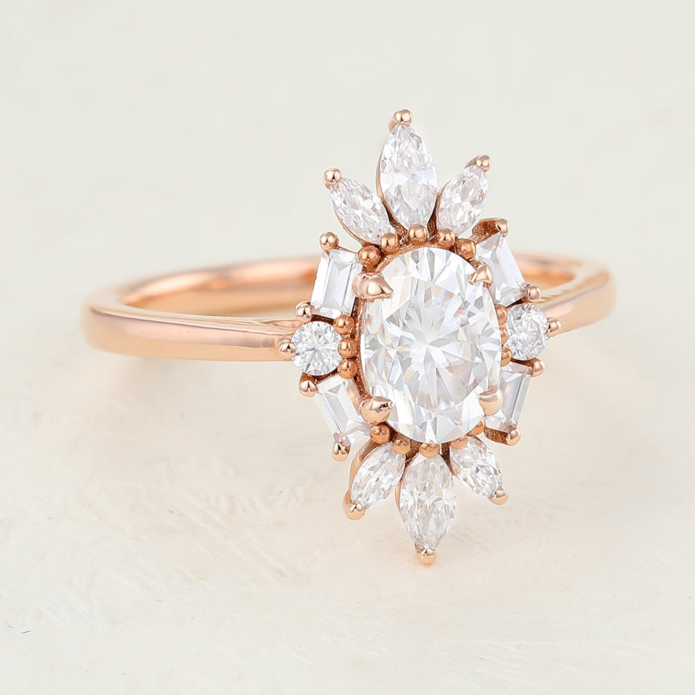 0.84 CT Oval Cluster Moissanite Engagement Ring