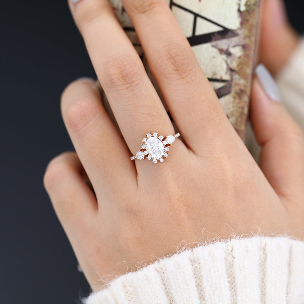 1.33 CT Oval Cluster & Pave Moissanite Engagement Ring