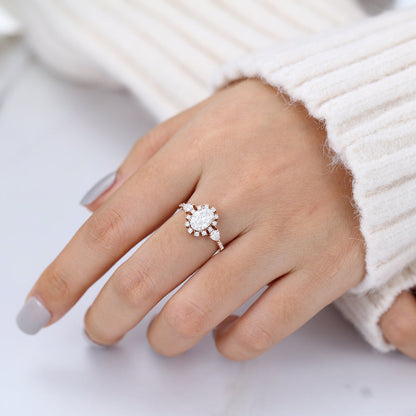 1.33 CT Oval Cluster & Pave Moissanite Engagement Ring