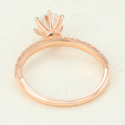 0.68 CT Round Milgrain Pave Moissanite Engagement Ring