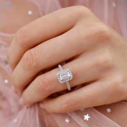 1.01 CT Emerald Halo & Pave Lab Grown Diamond Engagement Ring