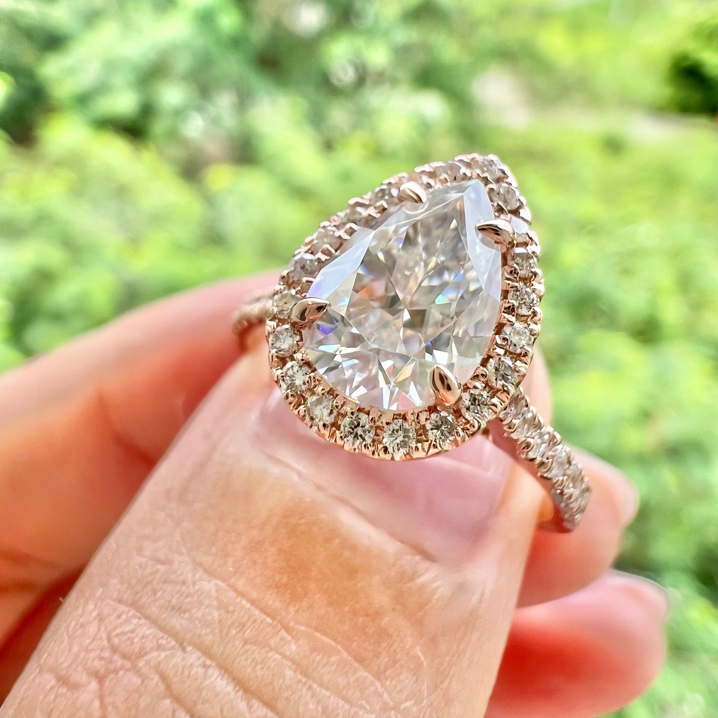 2.1 CT Pear Halo & Pave Moissanite Engagement Ring