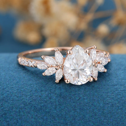 1 CT Pear Cluster Lab Grown Diamond Engagement Ring