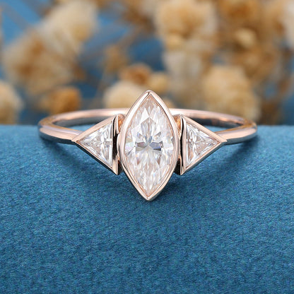 0.9 CT Marquise Bezel & Three Stone Lab Grown Diamond Engagement Ring