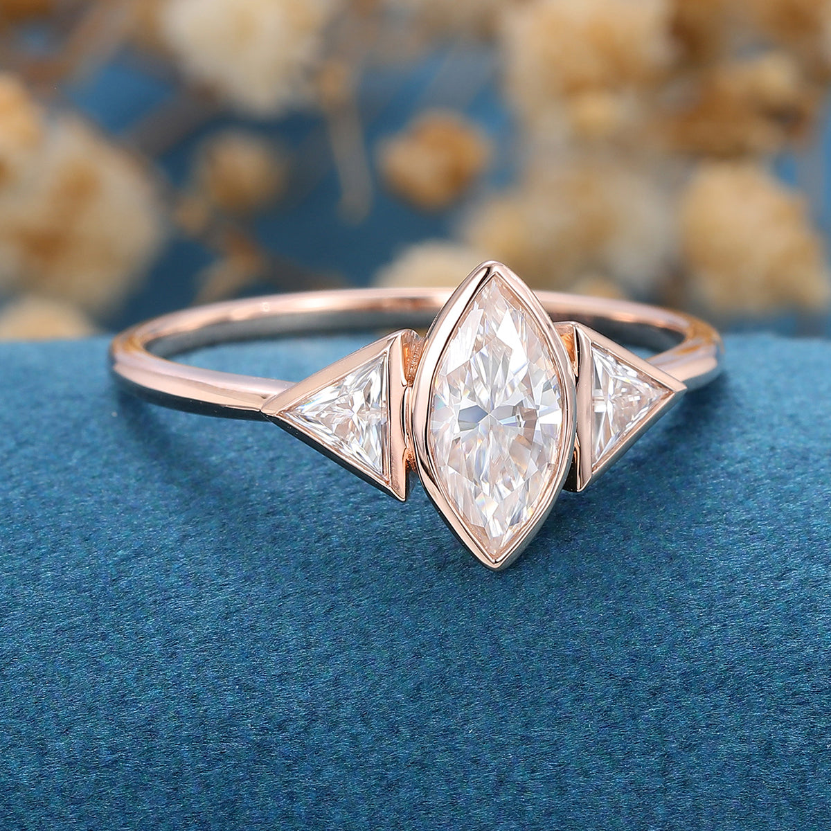 0.9 CT Marquise Bezel & Three Stone Lab Grown Diamond Engagement Ring