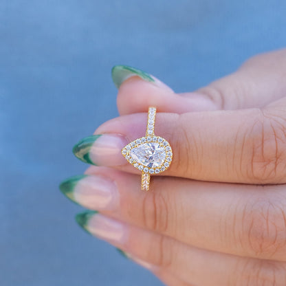 1.33 CT Pear Halo & Pave Lab Grown Diamond Engagement Ring