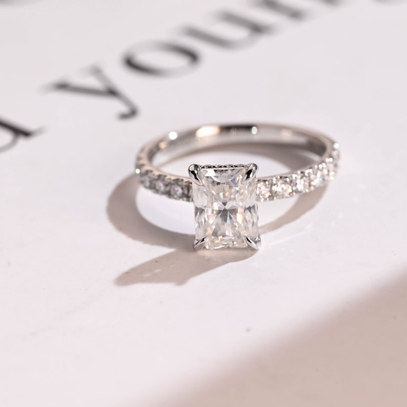 Stunning 1.5 - 2.5 CT Radiant Moissanite Engagement Ring with Pave & Hidden Halo Design 1