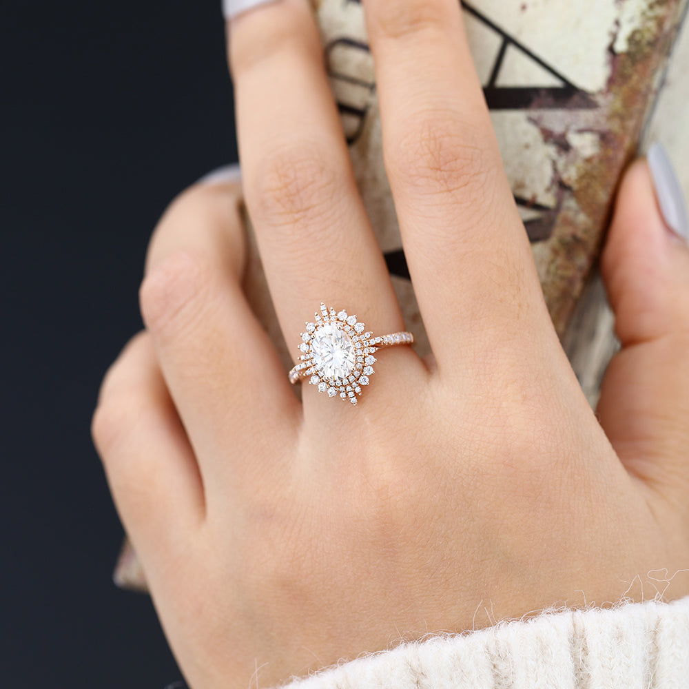1.33 CT Oval Cluster & Pave Moissanite Engagement Ring