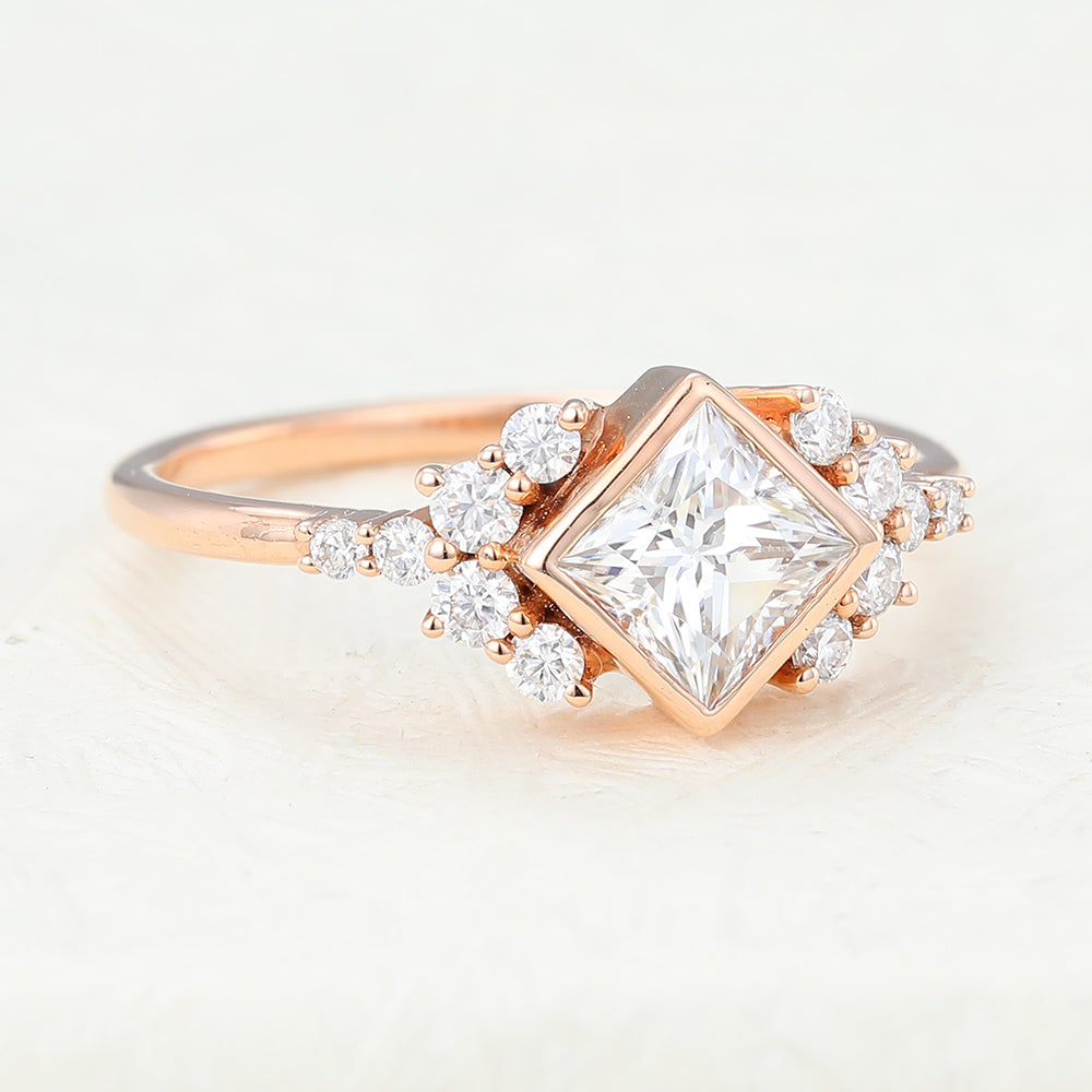 0.64 CT Princess Bezel & Cluster Moissanite Engagement Ring