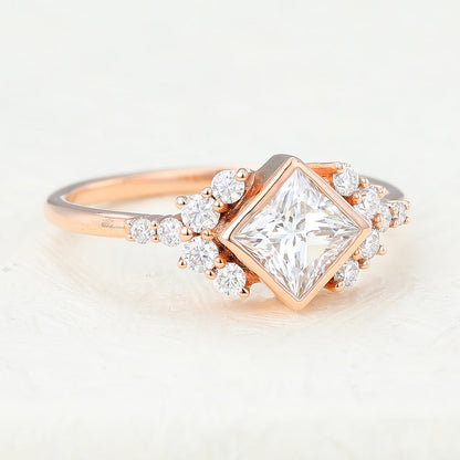 0.64 CT Princess Bezel & Cluster Moissanite Engagement Ring