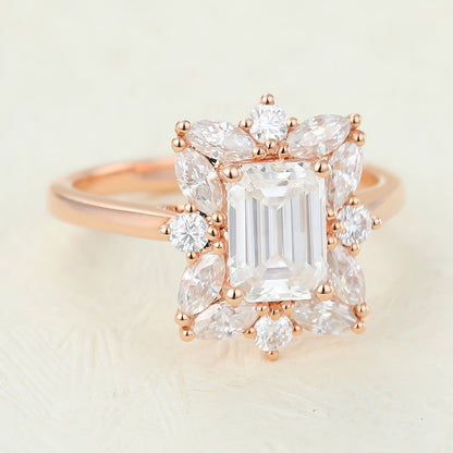0.92 CT Emerald Cluster Moissanite Engagement Ring