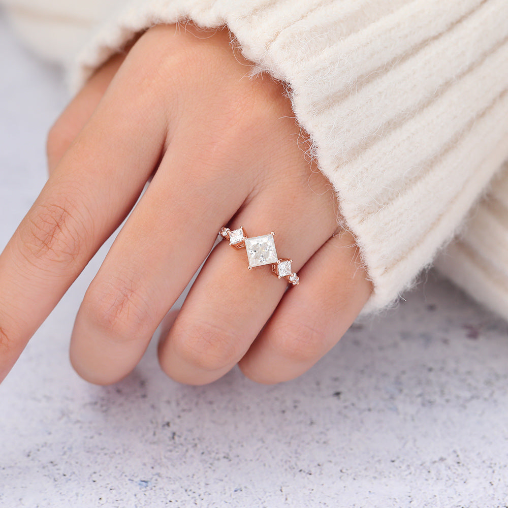 1.35 CT Princess Cluster Moissanite Engagement Ring