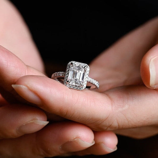 Stunning 1.0 - 2.0 CT Emerald Moissanite Engagement Ring with Pave and Halo Design 2