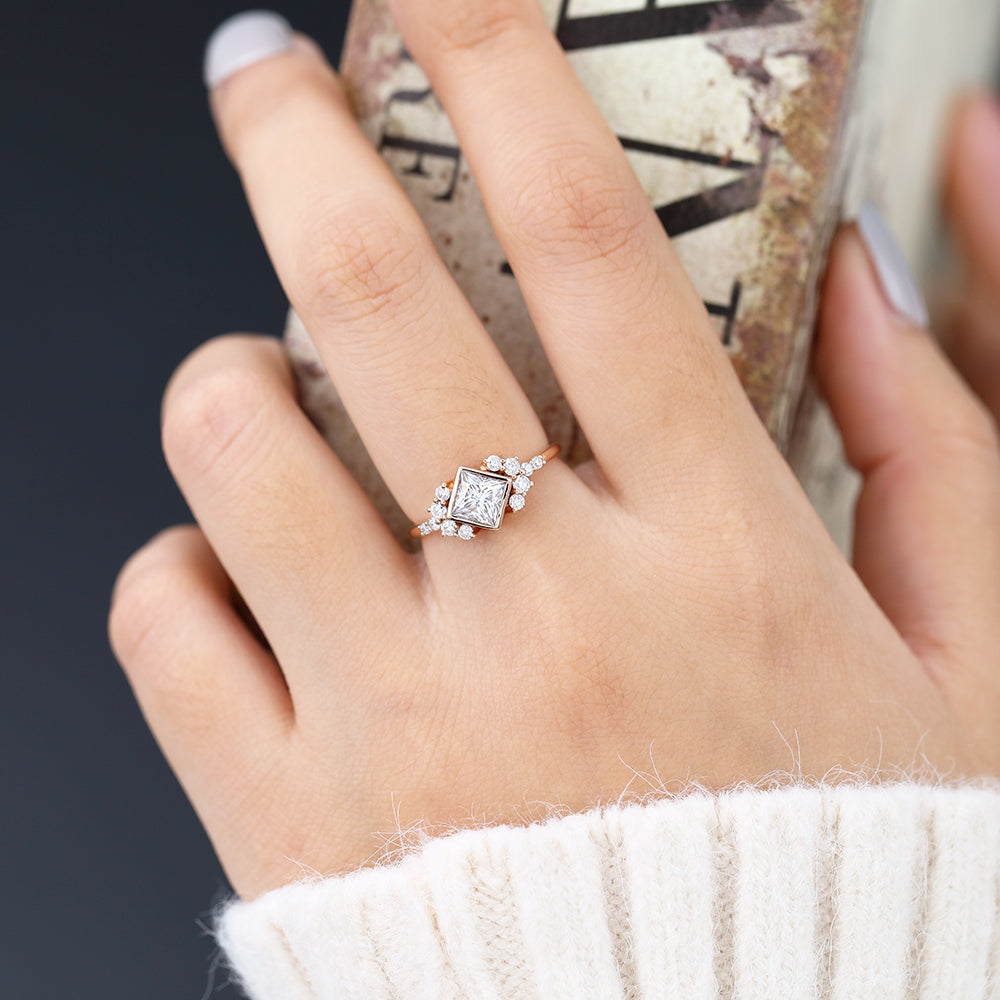 0.64 CT Princess Bezel & Cluster Moissanite Engagement Ring